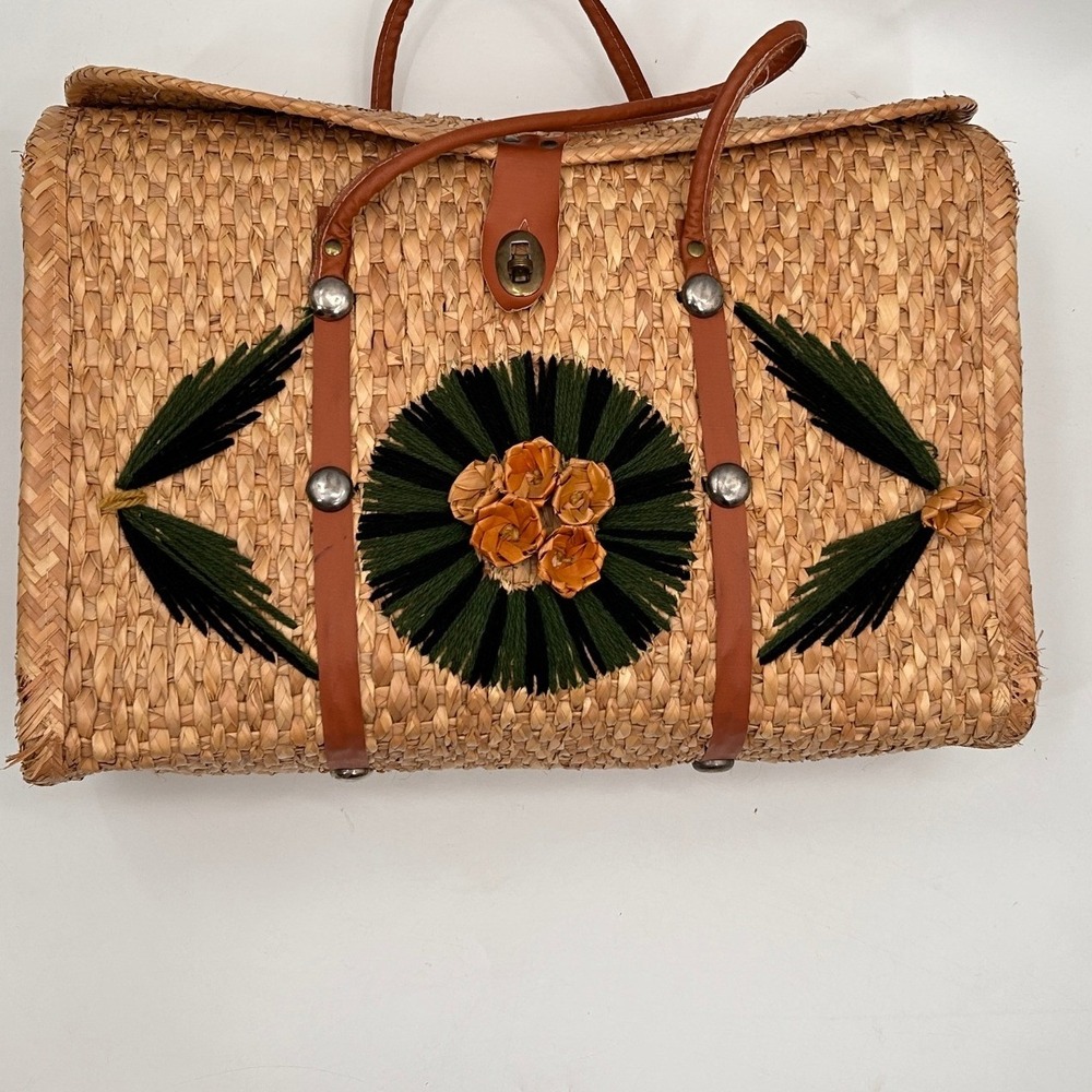 Vintage Woven Straw Floral Embroidered Satchel Bag Boho Cottagecore Natural Tan - Picture 5 of 11